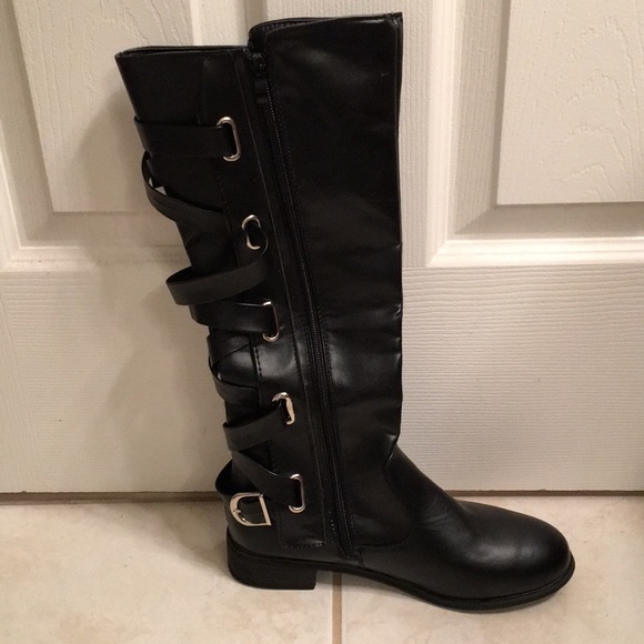 Shoes - Black knee high boots w/ strap lacing & zippers.